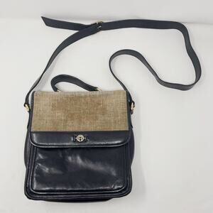 Vintage Etienne Aigner Brown Black Leather Linen Crossbody Bag Satchel Foldover